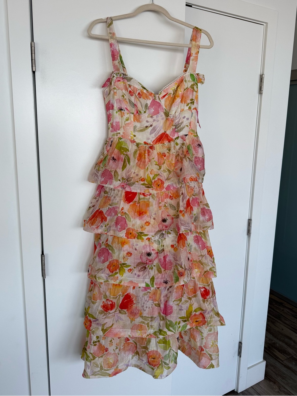 Astr wedding guest dress - Floral Tiered Ruffle Dress in Pink, Coral & Green